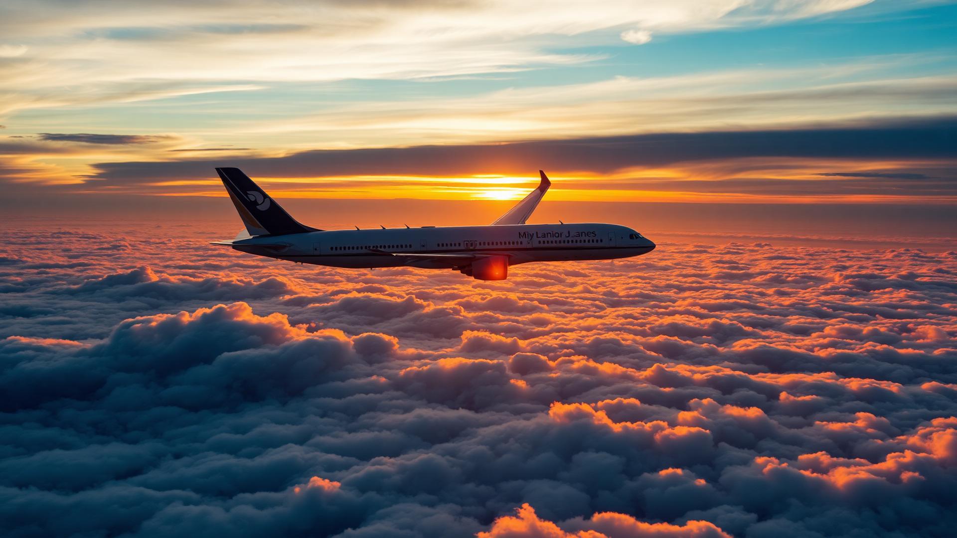 Airplane flying above clouds at sunset